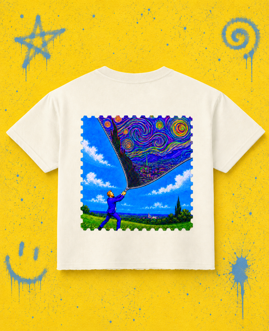 Blurry Night white oversized graphic T-shirt by Bastee, front view